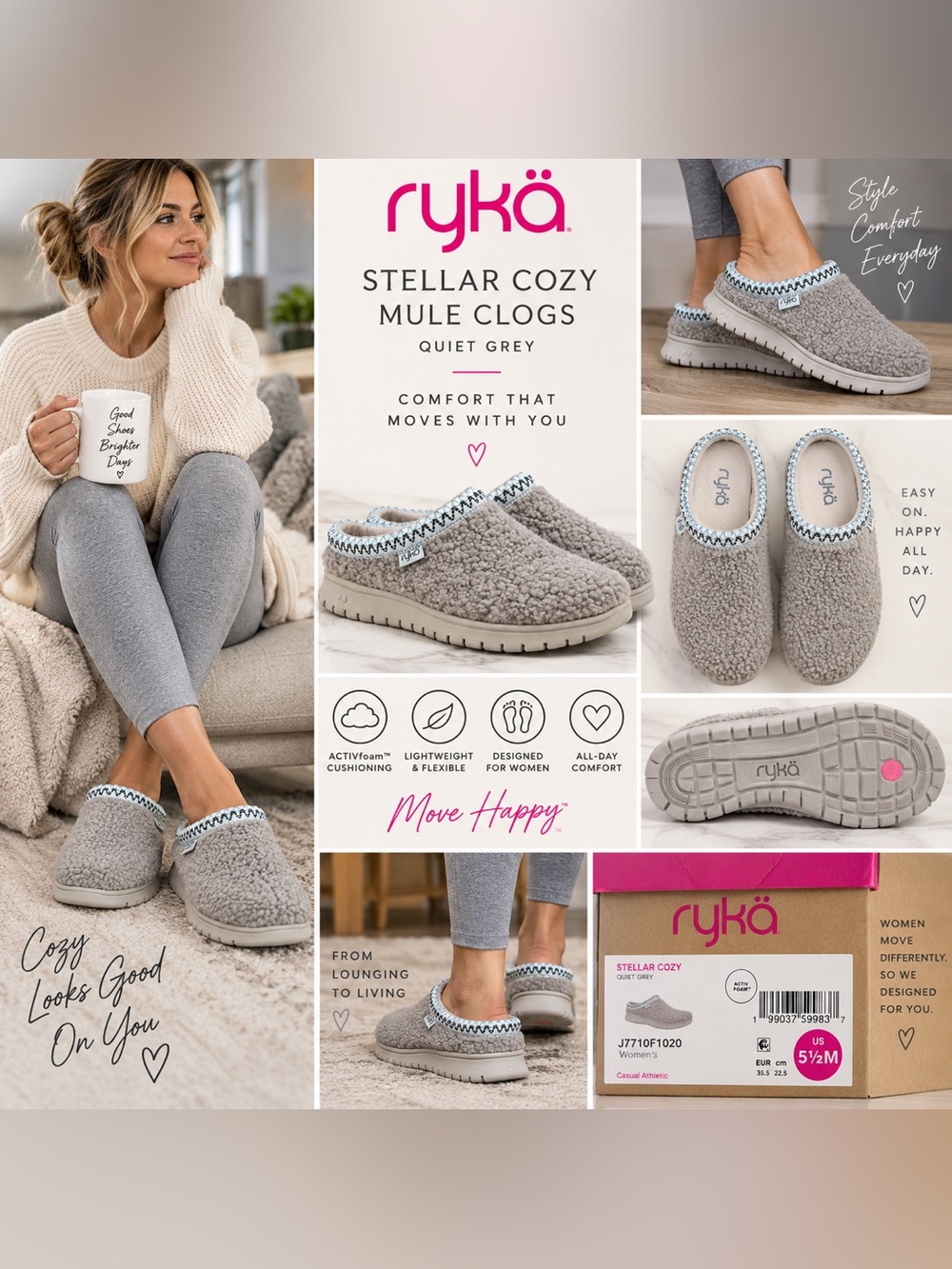 NIB Ryka Stellar Cozy Mule Clogs Quiet Grey Women’s 5.5 ACTIVfoam